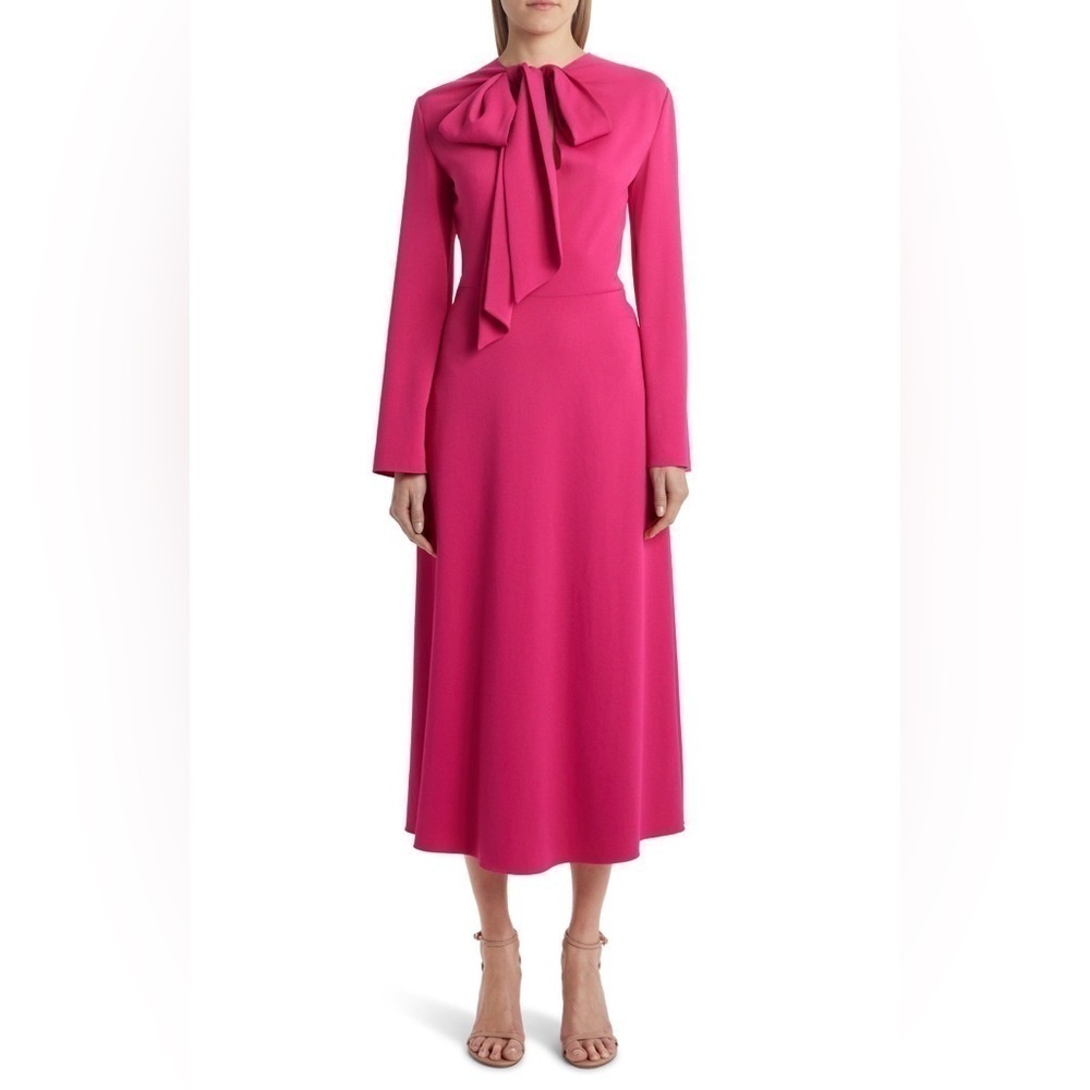 Valentino Bow Neck Long Sleeve Matte Cady Midi Dress Sz 48 XL NWT